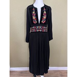 Free People Women's Size S Plunge Neck Embroidered Black Maxi Dress High Slit